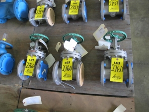LOT (3) VALVES, GATE TYPE, 2-1/2" SIZE, 150 LB RATING, 316 SS MATERIAL, FF FLG CONNECTIONS, ASTM A351, GRADE CF8M SPECIFICATION, BOLTEDBONNET, OS.Y, INTEGRAL SEAT STYLE, 316 SS TRIM, HANDWHEEL OPERATOR. PART # 150UMAM (W-51) LOADING & HANDLING FEE $15-